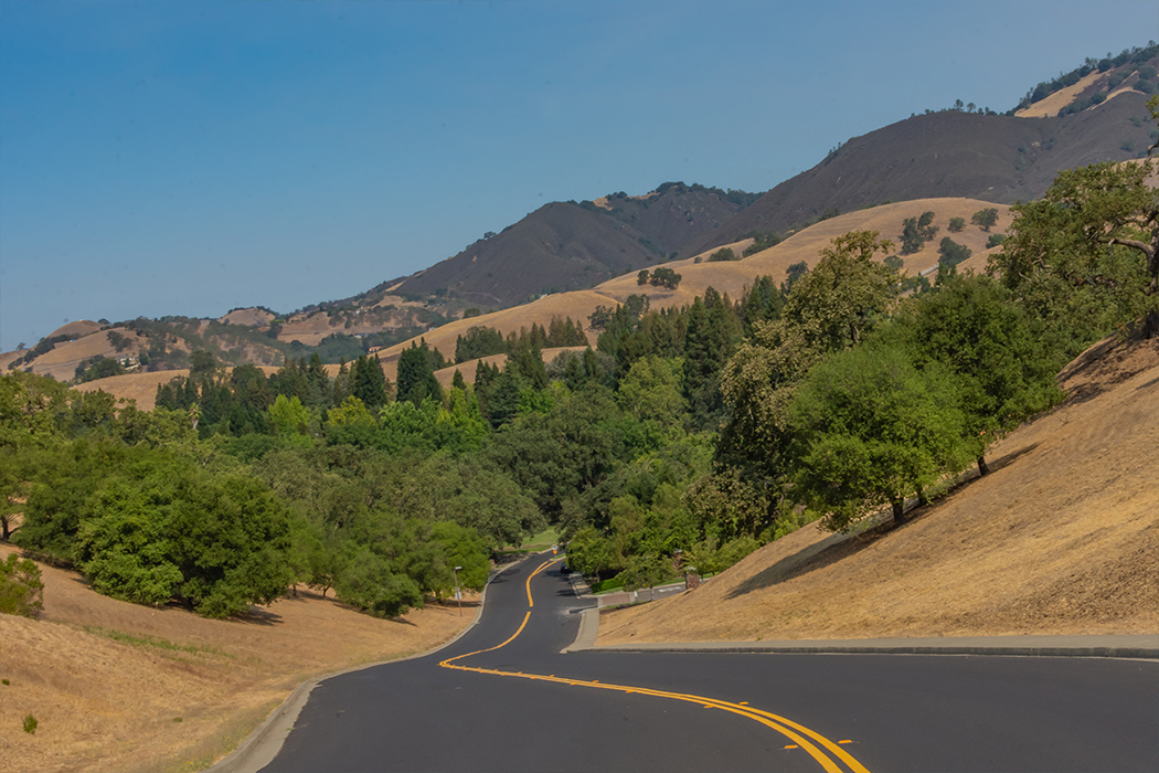 A paved road winding through golden hills